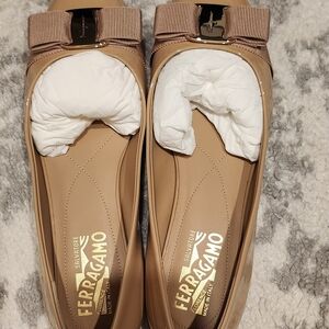 Salvatore Ferragamo Beige Flats with Bow Accent